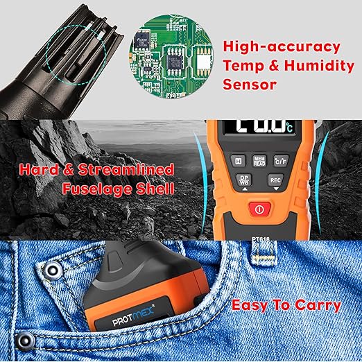 Protmex PT618 Temperature Humidity Meter, Thermometer Hygrometer Monitor with Ambient, Dew Point, Wet Bulb for Indoor/Outdoor MIN, MAX, Data Hold, LCD Backlight - Image 7