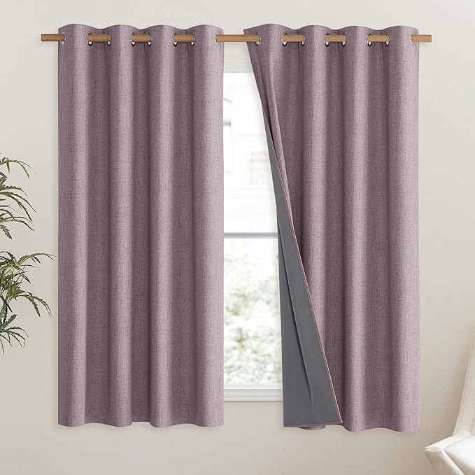 NICETOWN Chaise Mauve Vintage Linen 100% Blackout Curtains for Living Room, Thermal Insulated Curtains 48" Long, Noise Reducing Window Treatment Drapes for Hall Room, 52" Wide Per Panel, Set of 2 - Image 2