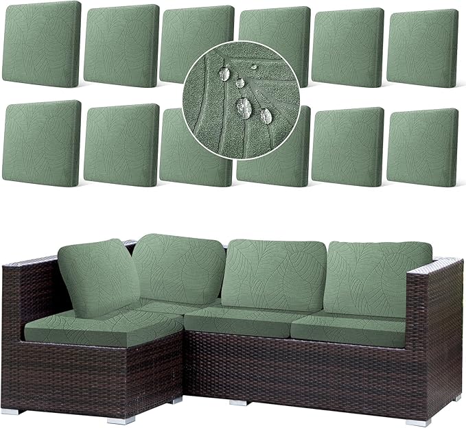 12Pcs Stretch Couch Cushion Covers, Water Resistant Outdoor Sofa Cuhsion Cover Replacement,Washable Outdoor Patio Chair Seat Cushion Covers for Furniture Protect (Sage Green, Leaf Textured) by CALBODE