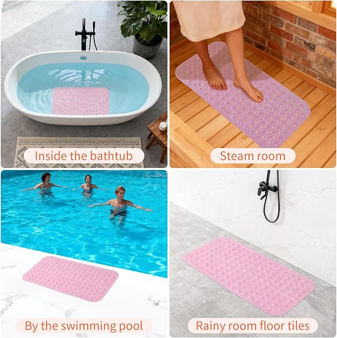 Anti-Slip Bathtub Shower mat, 27.5×14.5（Approximately 70×37cm） inch Soft Oversized Machine Washable Non-Slip Bathtub mat with Drainage Holes, Bathroom Floor Suction Cup.（1-Clear Pink） - Image 6