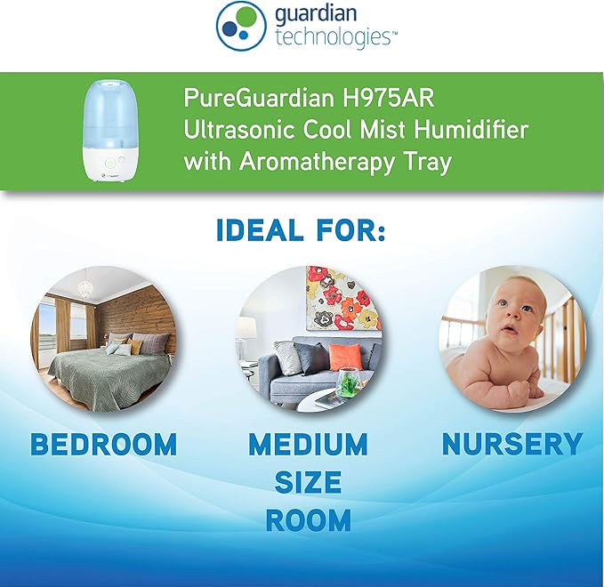 PureGuardian Ultrasonic Cool Mist Humidifier with Aromatherapy Tray, 70-Hour Run Time, 1-Gallon Tank Capacity, 320 Sq. Ft. Coverage for Small Rooms, Quiet Operation, H975AR - Image 6