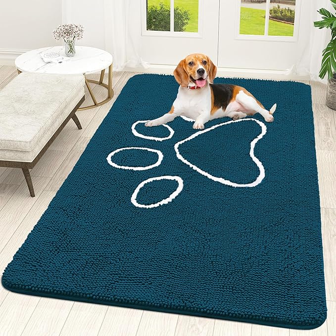 OLANLY Dog Door Mat for Muddy Paws 59x35, Paw Print Design, Absorbs Moisture and Dirt, Absorbent Non-Slip Washable Doormat, Quick Dry Chenille Mud Mat, Entry Indoor Entryway Carpet, Atlantic Blue by OLANLY