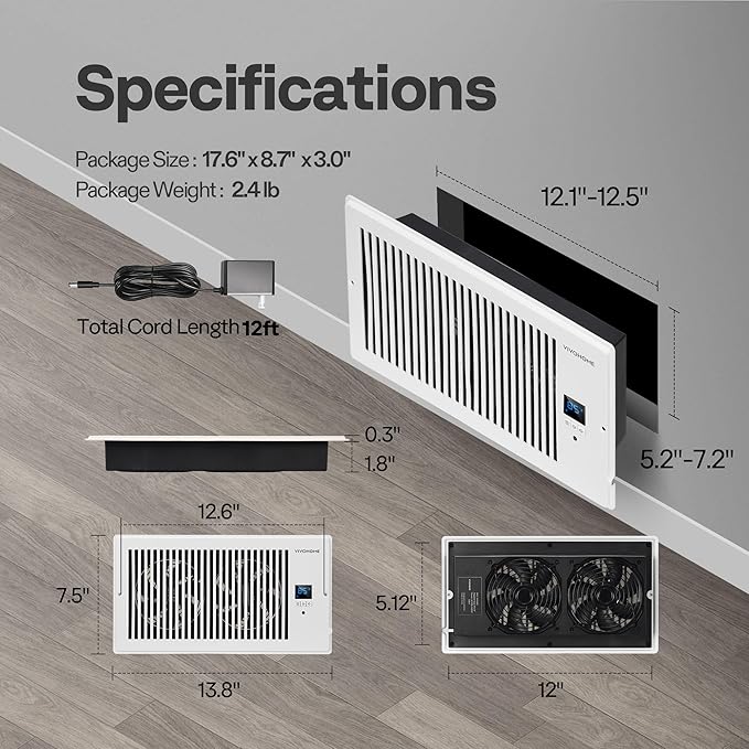 VIVOHOME 6"x12" Opening Smart Vent Register Booster Fan with Intelligent Thermostat & 10-Speed Remote Control - 13.8" x 7.5" Vent Cover for Room, Floor, Wall - White - Image 8