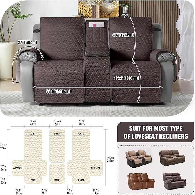 TAOCOCO 100% Waterproof Loveseat Recliner Couch Sofa Covers with Console,Double Reclining Couch Cover Non-Slip Sofa Slipcovers Washable,Furniture Protector Covers for Kids,Pets(2 Seater,Chocolate) - Image 3