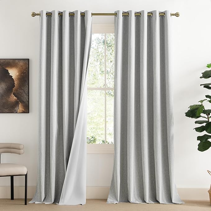 NICETOWN Grey Long Linen Full Shade Panels, 62" Wide x 90" Long, Pair of Thermal Insulated & Energy Efficiency Blackout Curtains for Living Room Windows, Lined Silky Performance Window Dressing by NICETOWN