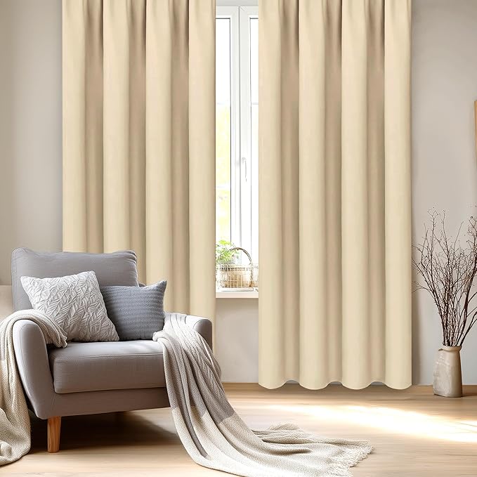 DWCN Insulated Blackout Curtains for Bedroom, Energy Saving Privacy Room Darkening Curtains for Living Room (W60 x L84 inch, Beige, Set of 2 Panels, Top of Rod Pocket) - Image 3