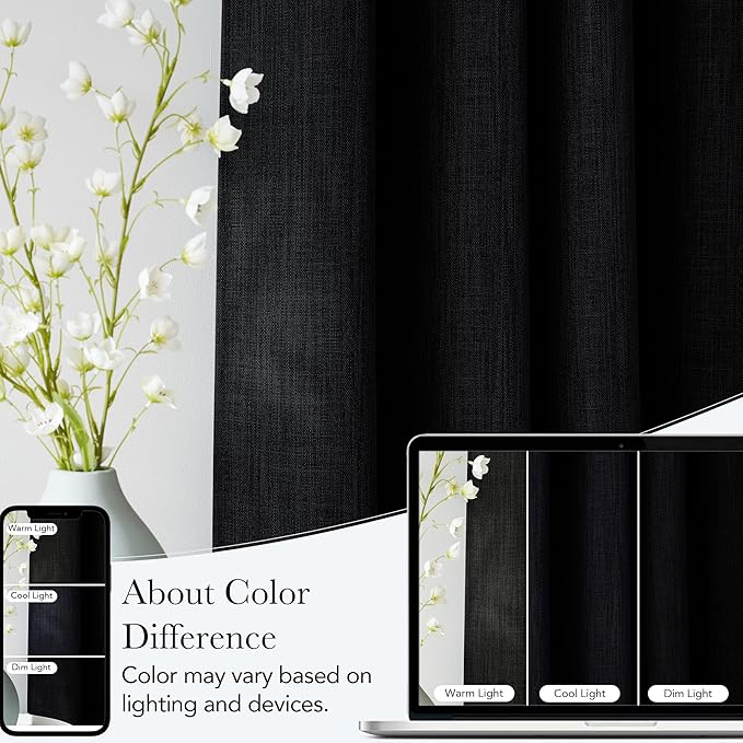 NICETOWN Black Faux Linen Room Darkening Rod Pocket Curtains 63 inch Length, W42 x L63, Light Blocking Thermal Insulated Noise Reducing Drapes for Bedroom Living Room Farmhouse Decor, 2 Panels - Image 5