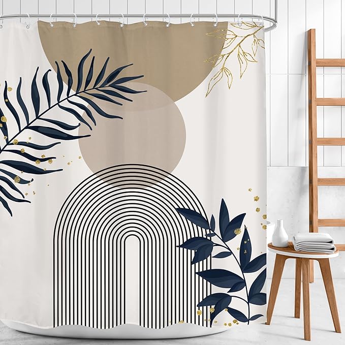 Boho Shower Curtain 60Wx72H Modern Mid Century Abstract Gold Leaves Bohemian Minimalist Geometric Arch Plant Botany Bathroom Decor Neutral Aesthetic Bath Curtain Fabric Polyester 12 Pack Hooks by MitpokBrand