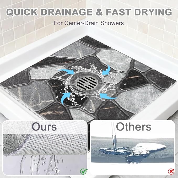 Square Shower Mat Non Slip: 24x24 Inch Extra Large Shower Mats for Inside Shower, Anti Slip Shower Floor Mat, Loofah Shower Stall Mats for Elderly, Non Slip Shower Mat with Drain Hole in Middle - Image 4