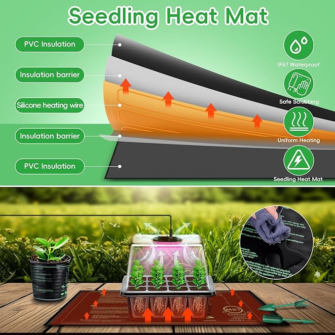 YAUNGEL Seed Starter Tray with Grow Light, 5 Pack Seed Starter Kit with Heat Mat, Seed Tray with Timing Controller Adjustable Brightness and Humidity Domes Heightened Lids, Black - Image 2