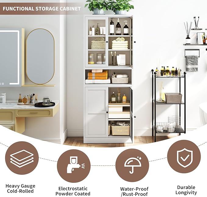 Kitchen Pantry Storage Cabinets with Glass Doors and 5 Adjustable Shelves, 72" Tall Kitchen Cupboard Metal Pantry Cabinet for Home Office Living Dining Room, Assembly Required (White) - Image 3