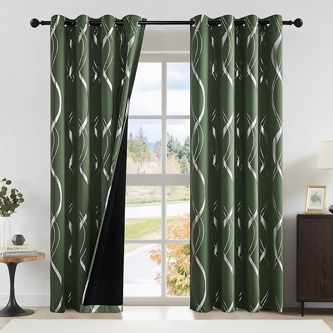 NICETOWN 100% Blackout Curtains 84 inch Length 2 Panels Set, Dark Mallard, 52" x 84", Noise Reducing Thermal Insulated Wave Line Foil Print Design Blackout Curtains for Hall Closet Villa Door by NICETOWN