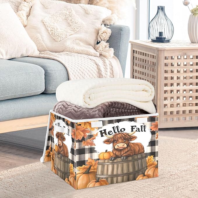 xigua Highland Cows Storage Bins with Lids and Carrying Handle,Foldable Storage Boxes Organizer Containers Baskets Cube with Cover for Home Bedroom Closet Office - Image 5
