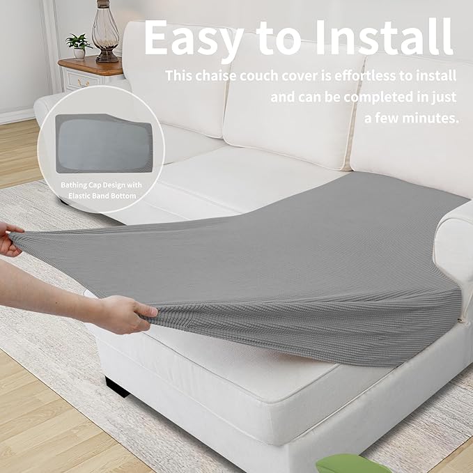 Easy-Going Stretch Sectional Couch Covers 1 Piece Chaise Lounge Slipcover L Shape Separate Cushion Couch Seat Chaise Cover for Both Left/Right Sectional Couch Light Gray - Image 6