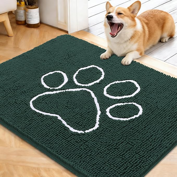OLANLY Dog Door Mat for Muddy Paws 40x32, Paw Print Design, Absorbs Moisture and Dirt, Absorbent Non-Slip Washable Doormat, Quick Dry Chenille Mud Mat, Entry Indoor Entryway Carpet, Blackish Green by OLANLY