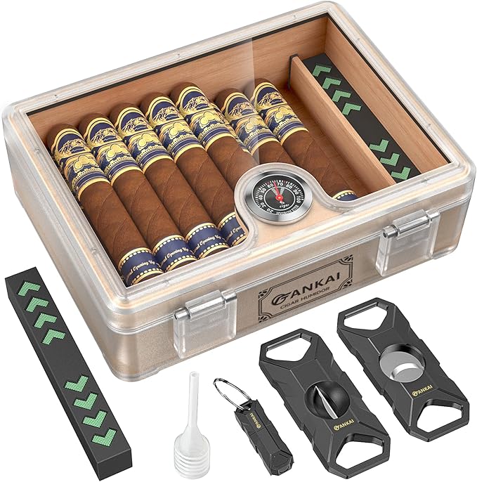 Humidor Cigar Box, with Straight Cutter Guillotine, V cut, Puncher & Holder Tool, Glass top Cigars Case, Cedar Wood Lining, Humidifier Hygrometer Accessories, Cigar Gift Set by FANKAI