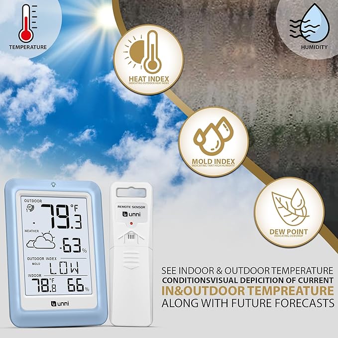 Indoor Outdoor Thermometer Wireless Weather Station, Temperature Humidity Monitor Battery Powered with 330ft Range Remote Sensor and Backlight Display（Light Blue） - Image 3