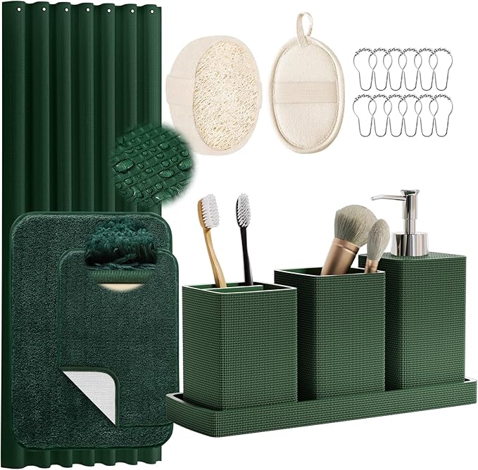 Green Bathroom Set, Dark Green Bathroom Accessories Set with Shower Curtain and No-Slip Bath Rugs, Natural Loofah Sponge, Soap Dispenser, Toothbrush Holder, Bathroom Tumbler and Tray for Bathroom by LetUsMakeHomeYourFavoriteDestination