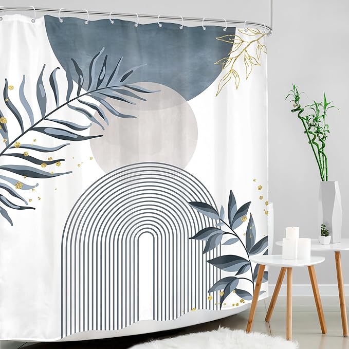 Blue Gray Boho Shower Curtain 60Wx72H Abstract Grey Bohemian Modern Leaves Mid Century Minimalist Plant Bathroom Decor Contemporary Simple Neutral Bath Curtain Fabric Polyester 12 Pack Hooks - Image 3