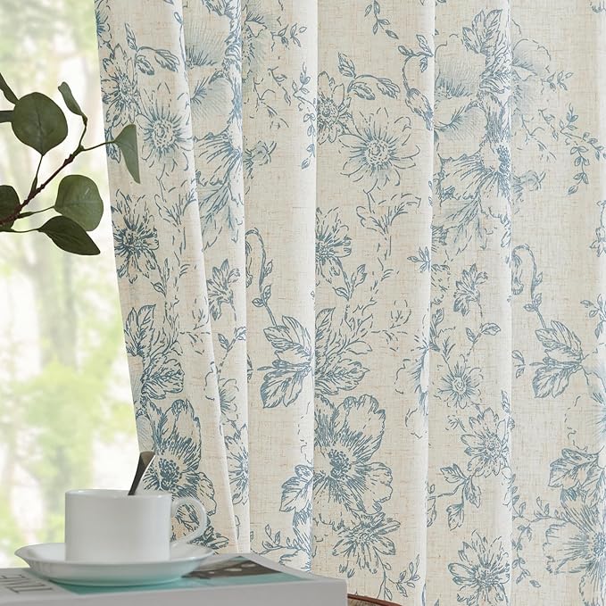 jinchan Linen Floral Curtains 96 Inch Length for Living Room Bedroom Light Filtering Farmhouse Peony Flower Drapes Rustic Window Curtain Set Rod Pocket Back Tab 2 Panels Blue - Image 2