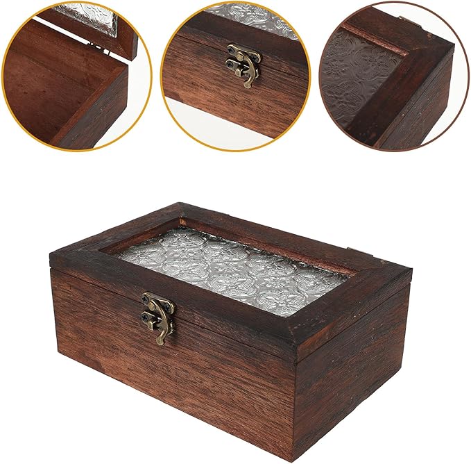 Wood Jewelry Box with Glass Lid and Metal Clasp Vintage Flower Jewelry Trinket Organizer for Keepsakes and Collectibles Small Paulownia Wood for Home Storage - Image 8