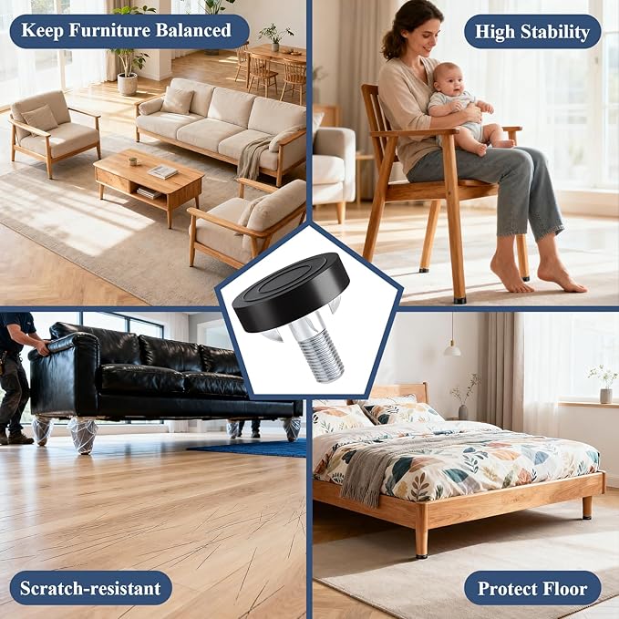 Adjustable Leveling Feet: T-Nuts & Floor Protectors, 24pcs M8 Thread with T-Nut Heavy Duty Furniture Levelers for Cabinets,Sofa,Tables,Chairs on Hardwood/Tile/Carpet - Image 6
