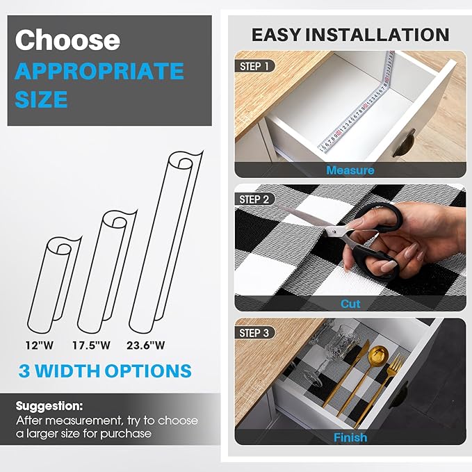 Coavas Extra Grip Thickened Shelf and Drawer Liner - Non-Adhesive Non-Slip Waterproof Mats for Kitchen Cabinets, Drawers, Shelves, Dresser & Cupboard, Easy Cut DIY (Black Stripe, 12IN x 10FT) - Image 7
