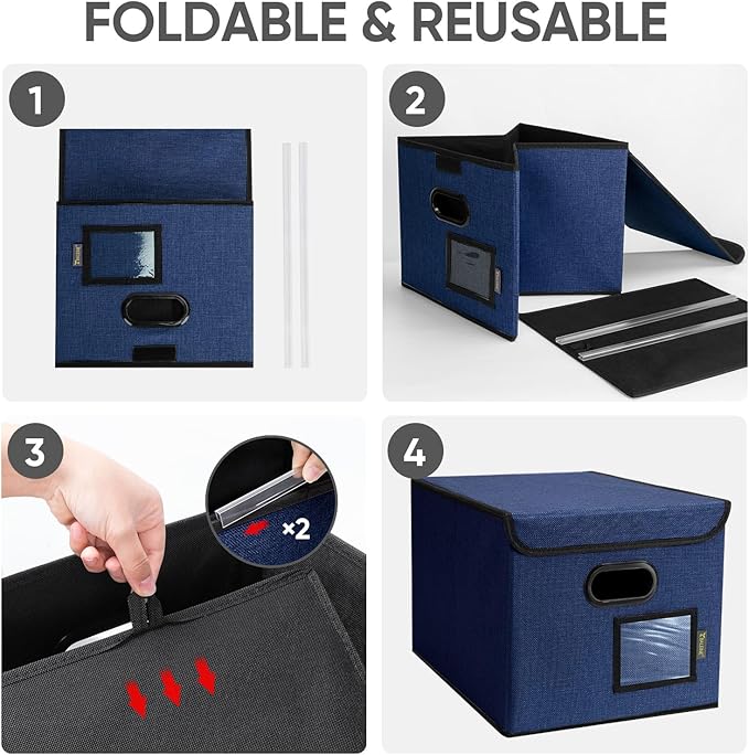 BALEINE File Organizer Box with Lid, Collapsible File Folder Organizer with Plastic Slide, Hanging File Folder Box for Office Document Storage (2 Pack, Blue) - Image 8