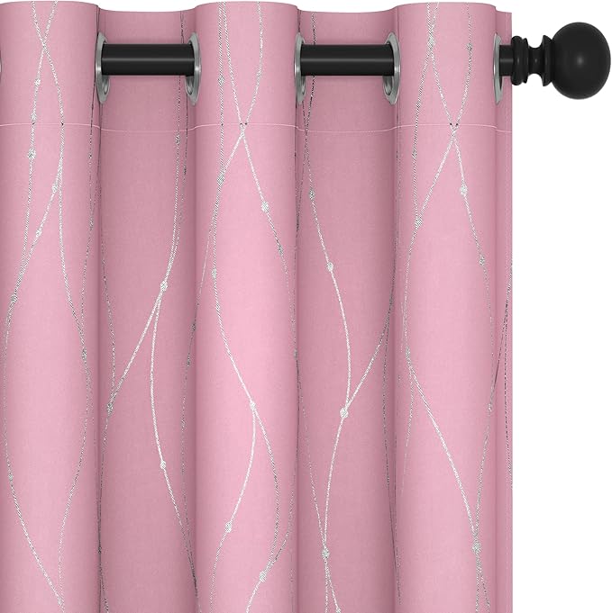 Deconovo Short Blackout Curtain, Pink Curtain, Thermal Insulated Soundproof Grommet Drapes, Wave Line Dot Foil Print, 38 x 54 Inch, 2 Panels, Machine‑Washable Window Panel for Small Windows Kitchne by Deconovo