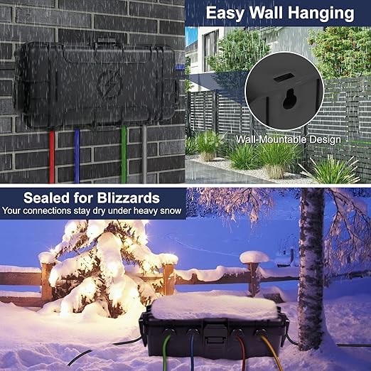 Medium Outdoor Electrical Box (11.6x5.2x4.1 inch), IP54 Waterproof Extension Cord Cover w/ 6 Cable Entry, Weatherproof Connection Box for Power Strip, Plug, Timer, Holiday Lights, Black - Image 4