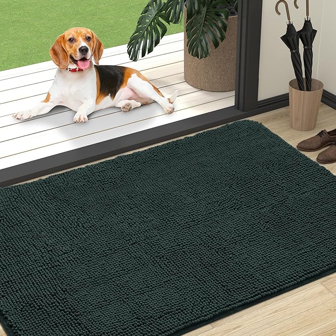 OLANLY Dog Door Mat for Muddy Paws 47x32, Absorbs Moisture and Dirt, Absorbent Non-Slip Washable Doormat, Quick Dry Chenille Mud Mat, Entry Indoor Entryway Carpet for Inside Floor, Blackish Green by OLANLY