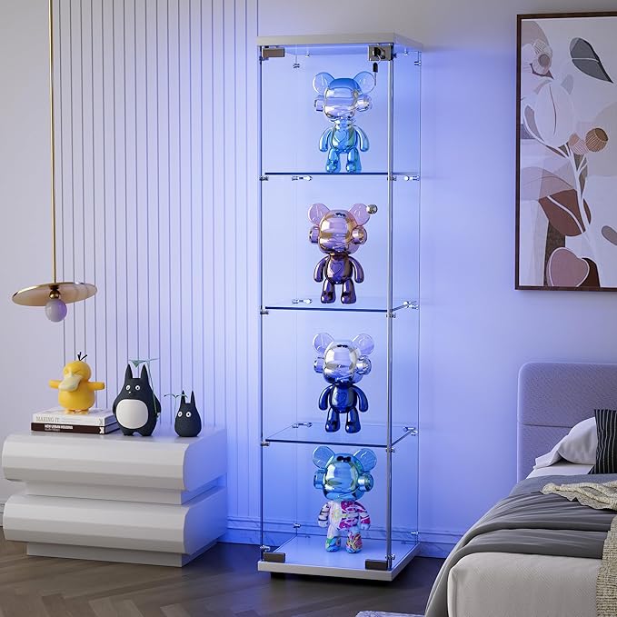 Yoluckea 4 Shelves Glass Display Cabinet with LED Light and Door, Floor Standing Clear Glass Curio Cabinet Collection for Living Room Bedroom 64.7”x16.7”x 14.3” White(Upgrade Assembly) - Image 7