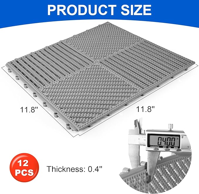 MYFAMIREA Modular Interlocking Cushion 12 Pack 11.8" x 11.8" Rubber Floor Tiles Non-Slip Splicing Drainage Mats for Deck, Pool, Shower, Patio, Balcony, Bathroom, Kitchen, Yard (2 Rows Dots, Gray) - Image 2