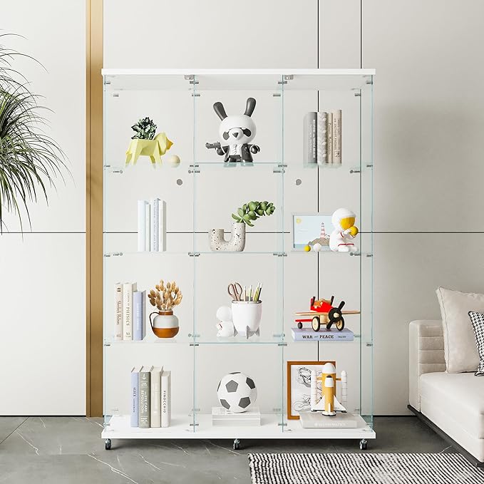 Yoluckea 4 Shelves Glass Display Cabinet Extra Large, Curio Collection Glass Display Case for Home Office, Floor Standing Bookshelf Corner Cabinet for Book Toys Glory (White) - Image 4