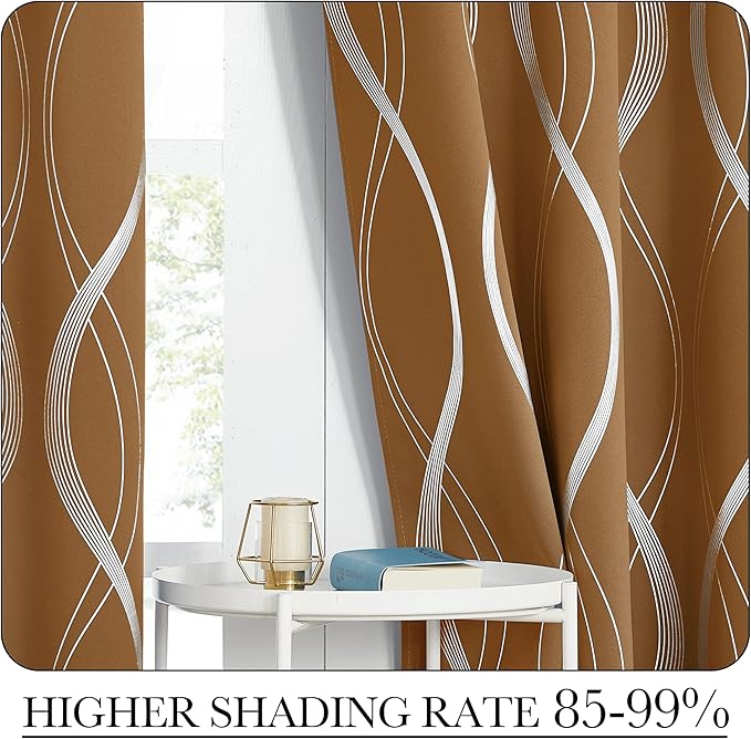 NICETOWN Gold Brown Blackout Curtains 63 inch Long for Fall, Energy Saving Thermal Insulated Foil Print Patterned Design Drapes for Kitchen, W52 xL63, 2 Panels - Image 4