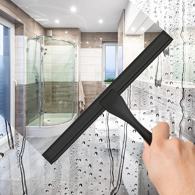 All-Purpose Stainless Steel Shower Squeegee for Shower Doors with 2 Adhesive Hooks, Bathroom Cleaner Tool Household Window Mirror Squeegee for Home Cleaning, Glass Door, Tile Wall, Car, 14 Inch Black - Image 3