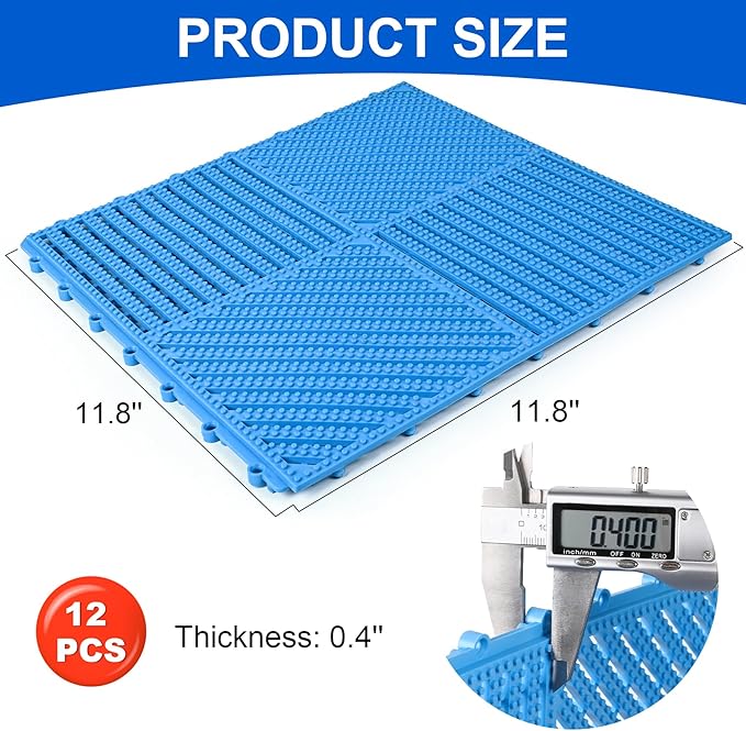 MYFAMIREA Modular Interlocking Cushion 12 Pack 11.8" x 11.8" Rubber Floor Tiles Non-Slip Splicing Drainage Mats for Deck, Pool, Shower, Patio, Balcony, Bathroom, Kitchen, Yard (2 Rows Dots, Blue) - Image 2