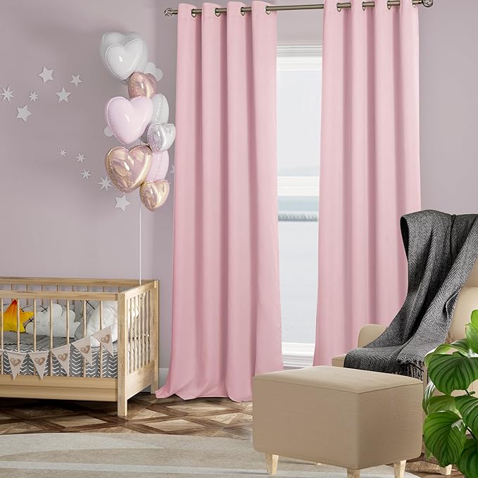 BGment Baby Pink 100% Blackout Curtains for Nursery Bedroom 95 Inch Length 2 Panels, Thermal Insulated Full Light Blocking Grommet Noise Cancelling Window Curtains for Girls Room, 52 Inch Wide Each - Image 2
