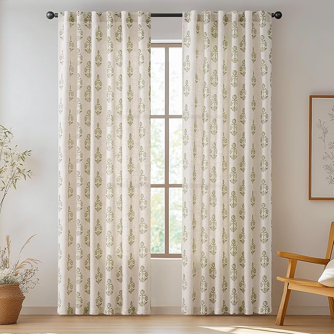 jinchan Linen Floral Curtains for Living Room 84 Inch Length Green Flower Cottage Core Farmhouse Curtains Rod Pocket Back Tab Boho Semi Sheer Window Drapes Bedroom Set 2 Panels Green on Beige - Image 2