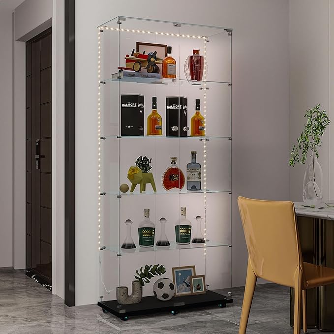 Yoluckea 5-Tier Glass Display Cabinet with Bluetooth LED Light Strip, 2-Door Floor Standing Curio Cabinet with Universal Wheel for Home Office Display, Black Bookshelf for Collections, Glass-Top - Image 6