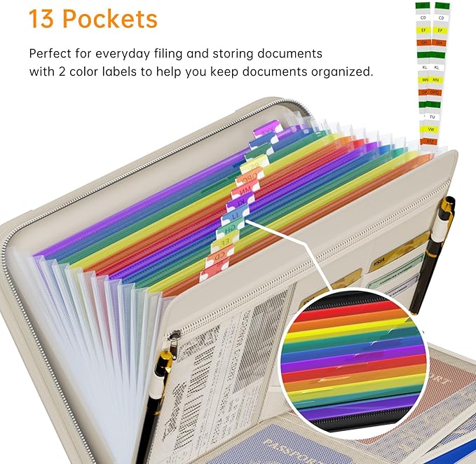 Waterproof Fireproof Accordion File Organizer with 13 Pocket Expanding File Folder for Letter A4 Files (Colorful, Pockets, Beige with Handle) - Image 3