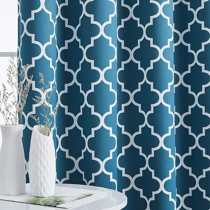 HLC.ME Lattice Print Decorative 96 Inch Blackout Curtains - Thermal Energy Smart Room Darkening Grommet Window Treatment Drapery for Master Bedroom - Dark Teal Blue - 52 W x 96 L - Pair - Image 4