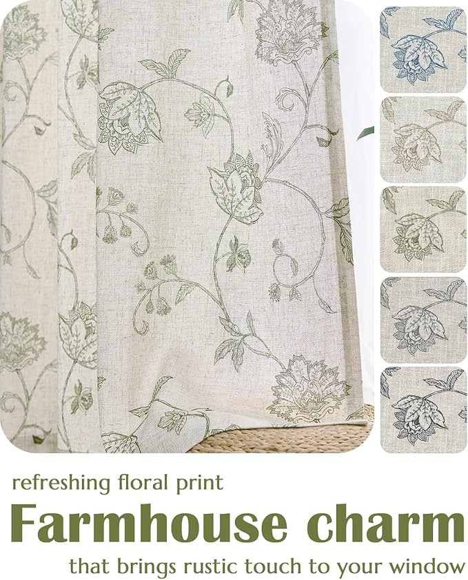 jinchan Linen Curtains Floral Curtains 96 Inch Length for Living Room Bedroom Light Filtering Rod Pocket Back Tab Farmhouse Curtains Flax Linen Texture Window Drapes Set 2 Panels Green on Linen - Image 6
