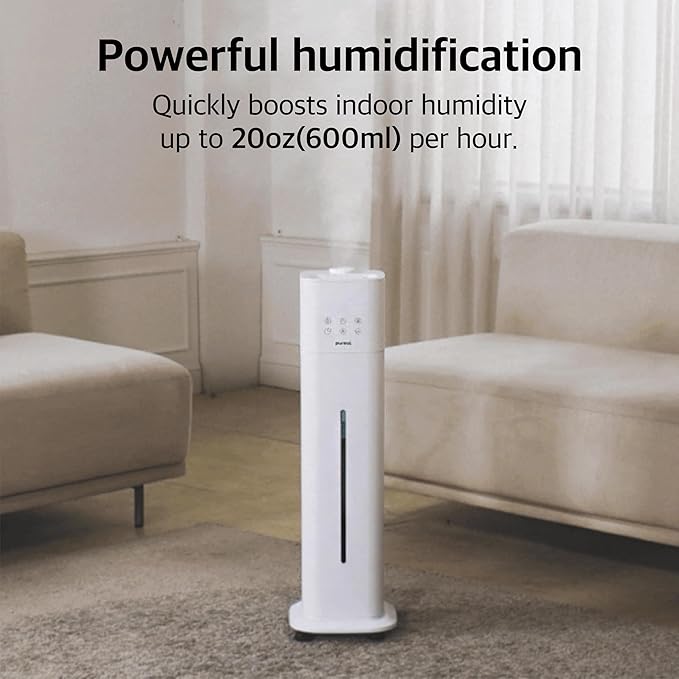 Pureal 10L Tower Humidifier, 83H Runtime, Warm & Cool Mist, Large Room, Top-Fill Tank On Wheels, Auto Mode, 12H Timer, Remote Control, Mood Light, White - Image 3