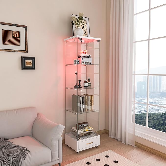 Yoluckea 4-Tier Glass Display Cabinet with LED Lighting and Drawer, 1-Door Floor Standing Curio Cabinet with Wheel for Home, Office, Corner Display, White Glass Bookshelf for Collections and Decor - Image 9