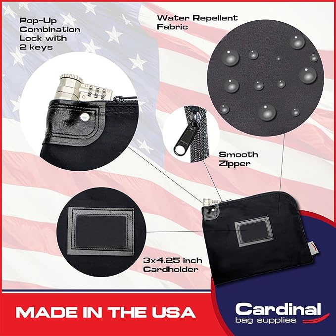 Heavy-Duty Money Bag with Lock – 9" x 12" Water-Repellent Laminated Nylon Bank Deposit Bag with Combination & Keyed Security for Cash, ID Window, Made in USA (Black) - Image 3