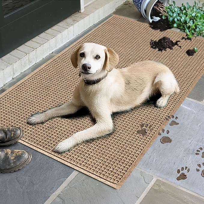 WaterHog Squares Front Door Mat Indoor Outdoor Entrance, Absorbent All-Weather Doormat with Non-Slip Rubber Backing, Dirt & Moisture Trapper, Low Profile, Easy Clean, Made in USA, 45.5"x70" Camel - Image 2