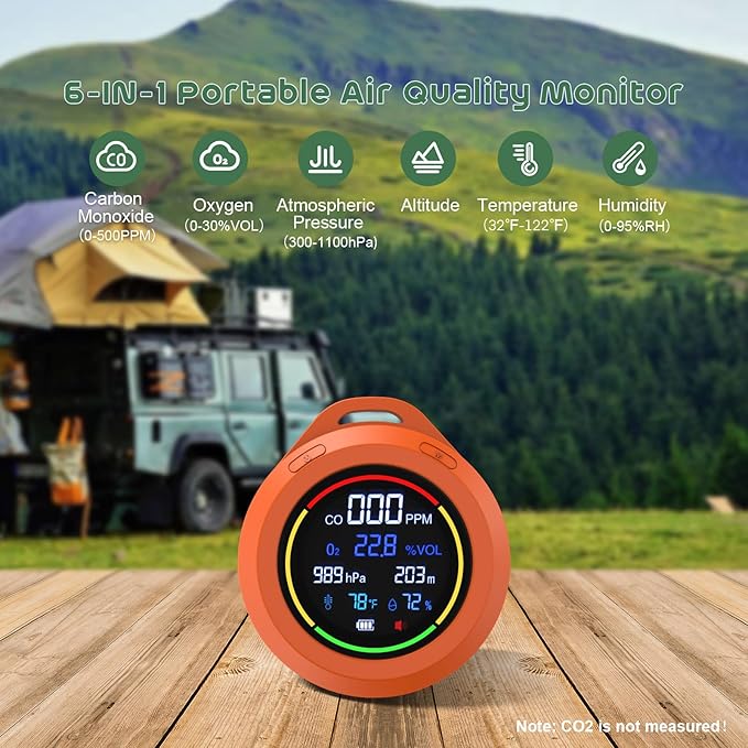 Oxygen Detector,SQECH 6-in-1 Air Oxygen Monitor Measures CO/O2/Temperature/Humidity/Altitude/Atmospheric Pressure,Portable Oxygen Monitor with Alarm & Color Backlight,for Indoor,Camping,RV,Travel - Image 2