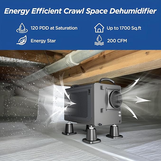 120 Pint Crawl Space Dehumidifier Commercial Energy Star Efficient Certified Dehumidifier for Basement,Whole House with Drain Hose,Large Capacity, Water Damage Unit,Portable, Auto Defrost - Image 2