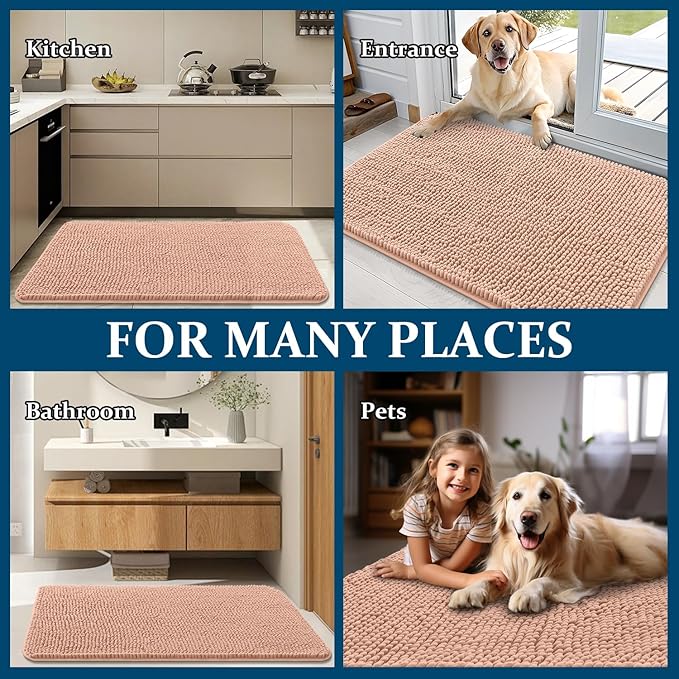 OLANLY Dog Door Mat for Muddy Paws 30x17, Absorbs Moisture and Dirt, Absorbent Non-Slip Washable Doormat, Quick Dry Chenille Mud Mat for Dogs, Entry Indoor Entryway Carpet for Inside Floor, Peach - Image 8